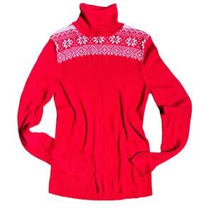 Fair Isle Turtleneck Sweater Basic Editions Size XL Red Rib Knit Cotton Blend